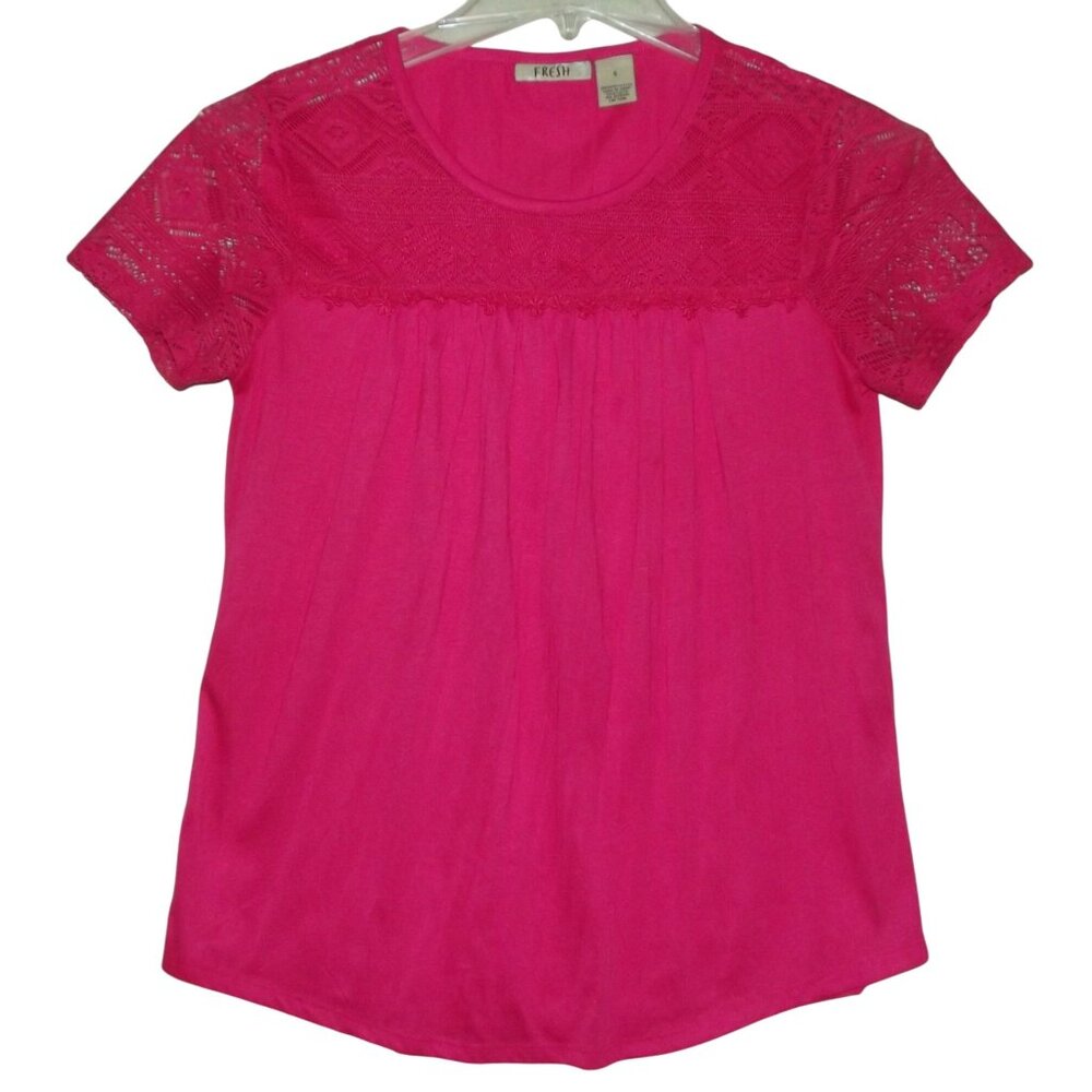 Fresh Blouse Womens Size Small Pink Lace Yoke Short Sleeve Top Shirt